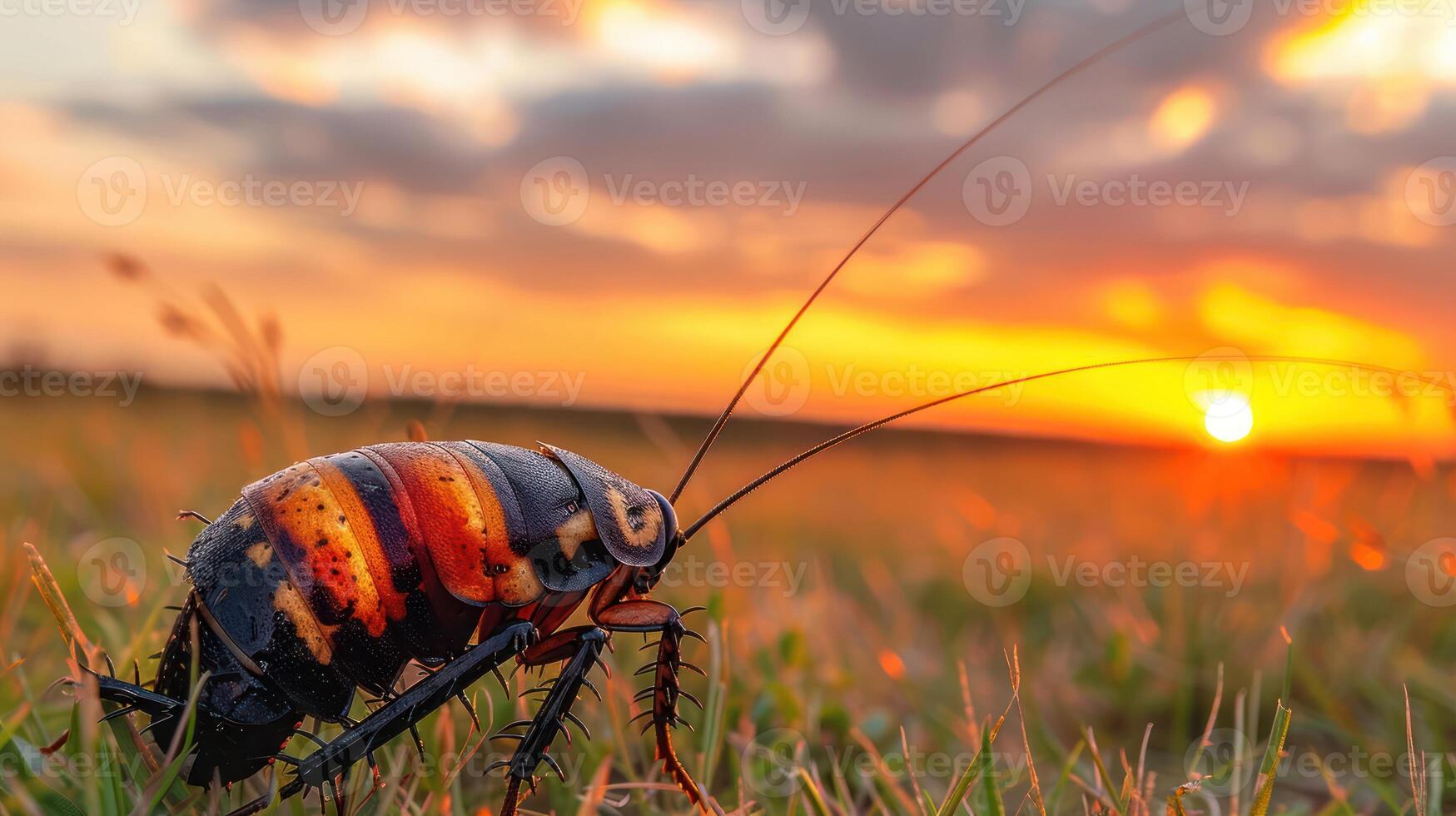 Close-up of a colorful insect in a grassy field during a vibrant sunset, showcasing nature's beauty photo