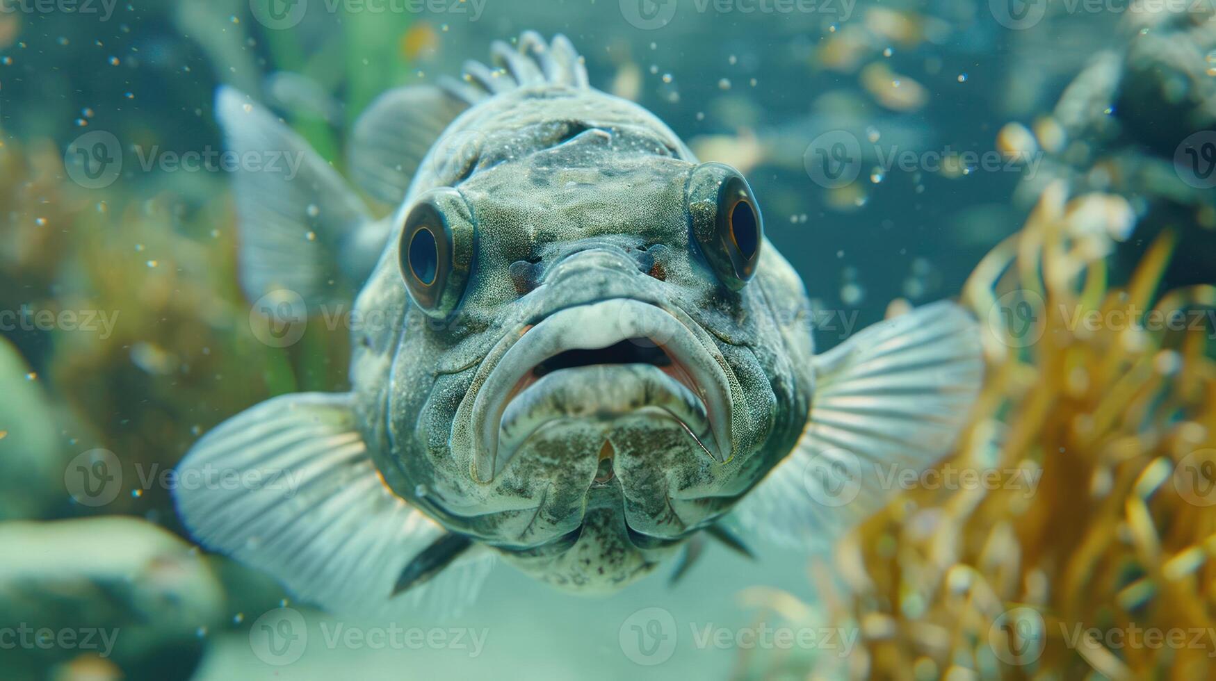 Close-up of a fish swimming in an aquarium surrounded by aquatic plants and bubbles photo