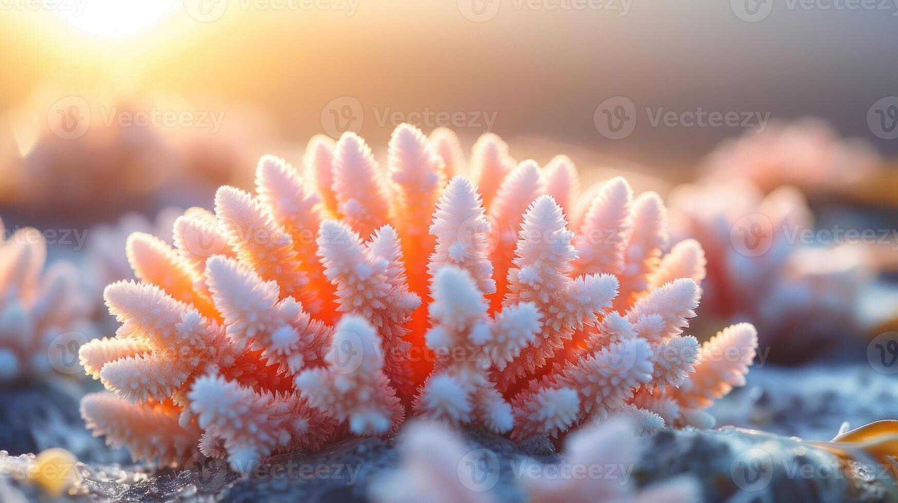 Vibrant coral reef at sunrise with soft light illuminating the underwater ecosystem photo