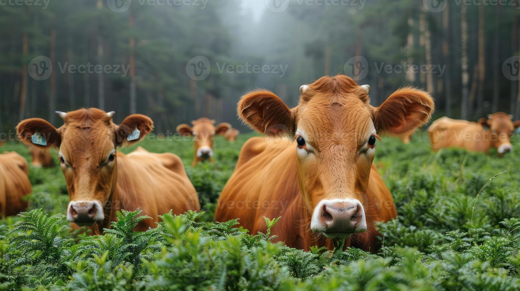 Brown cows grazing peacefully in a lush green field surrounded by a serene forest backdrop photo