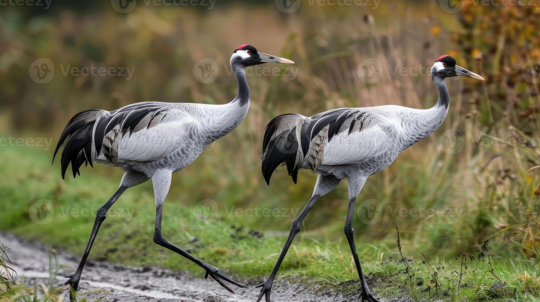 Two elegant cranes walking along a muddy path in a serene natural setting with tall grass photo