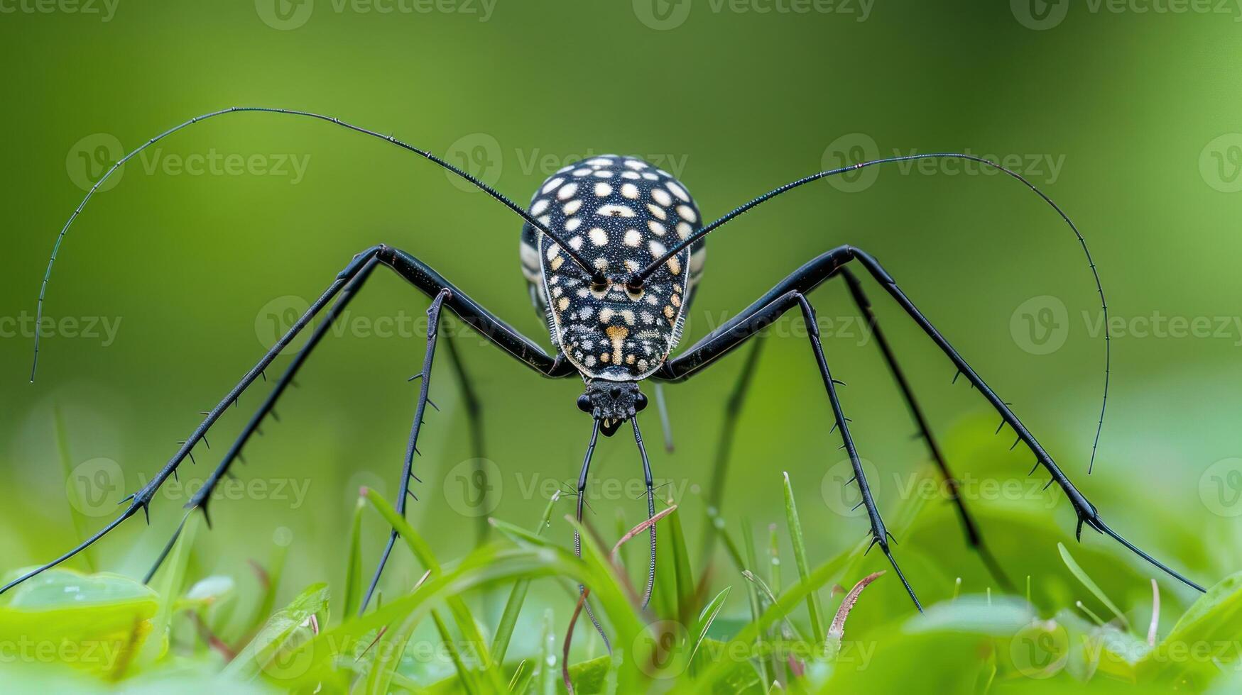 Close-up of an intricate insect with long legs and patterned body on green grass in a natural setting photo