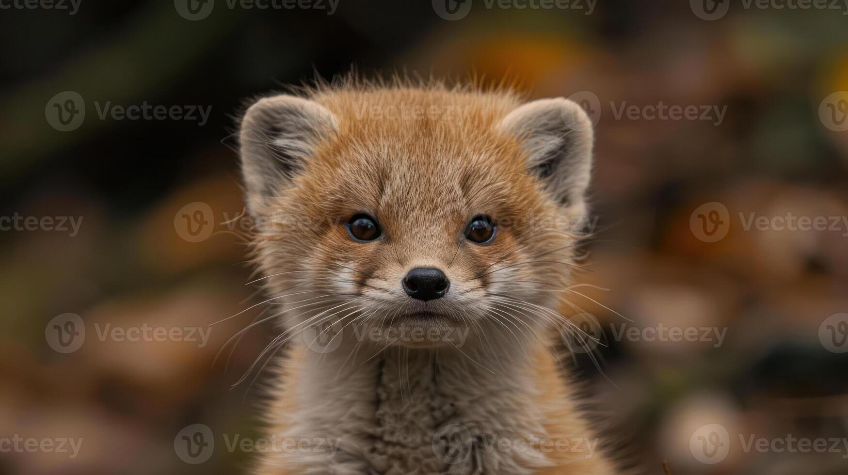 Close-up portrait of a curious young fox amidst a blurred autumn forest background photo