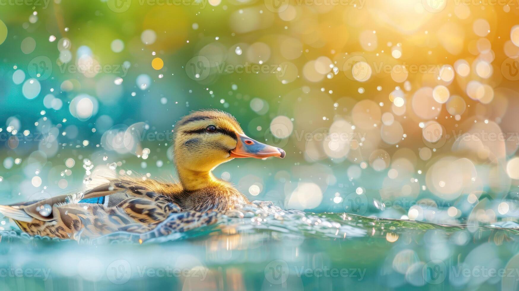 A serene mallard duck gracefully swims in a sparkling pond surrounded by vibrant bokeh lights photo