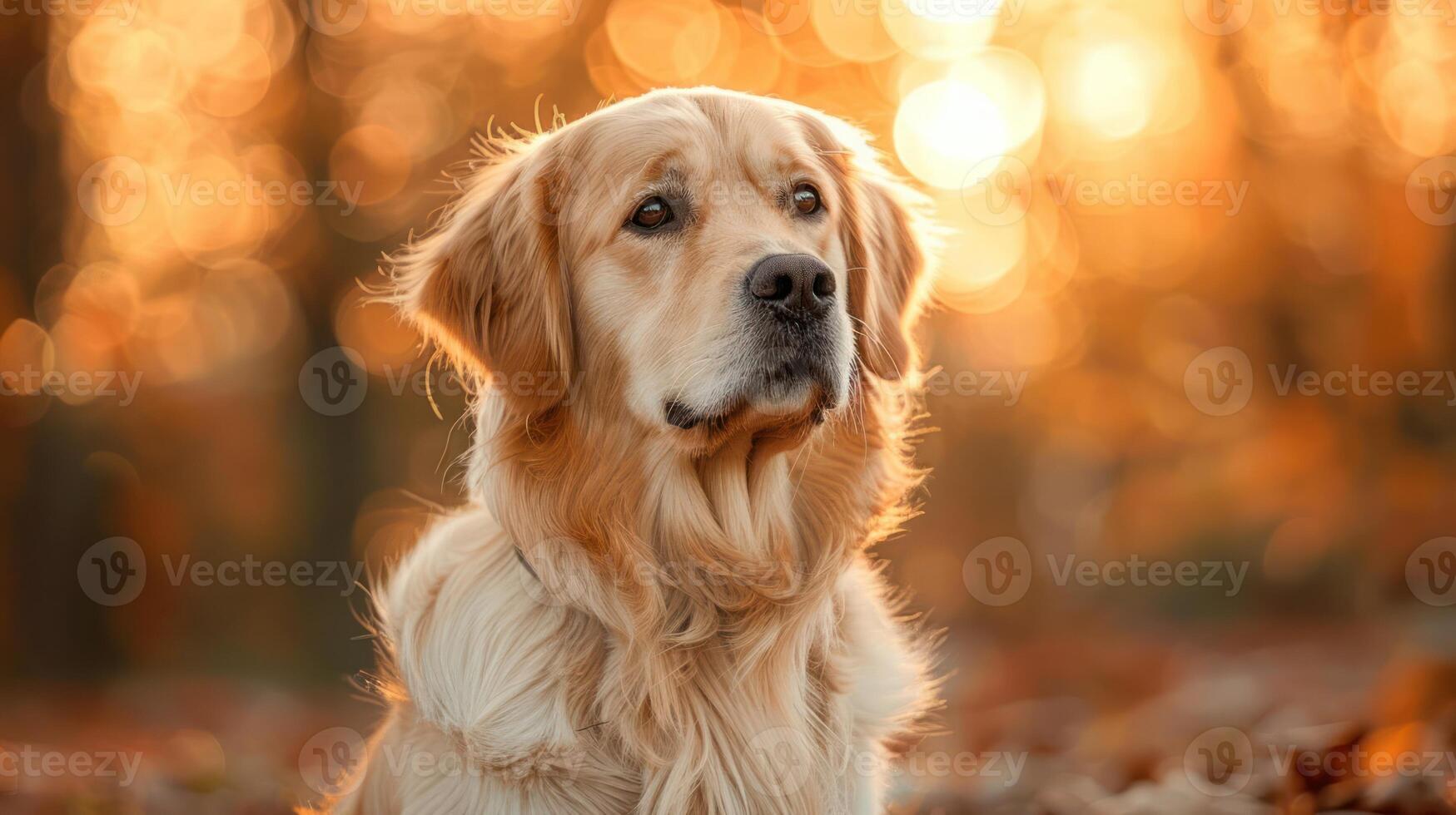 Golden retriever sitting gracefully amidst autumn leaves with a warm, glowing background photo