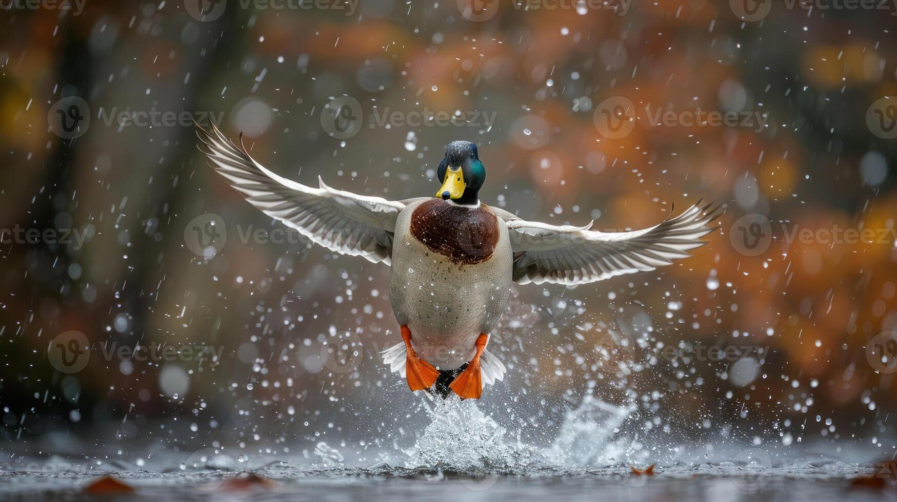 A mallard duck takes flight from a serene lake surrounded by autumn foliage and falling rain photo