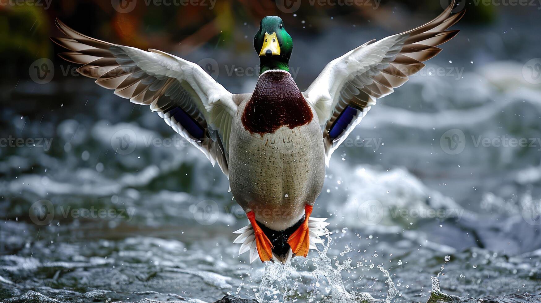 A mallard duck taking flight over a shimmering water surface with splashes, surrounded by lush greenery photo