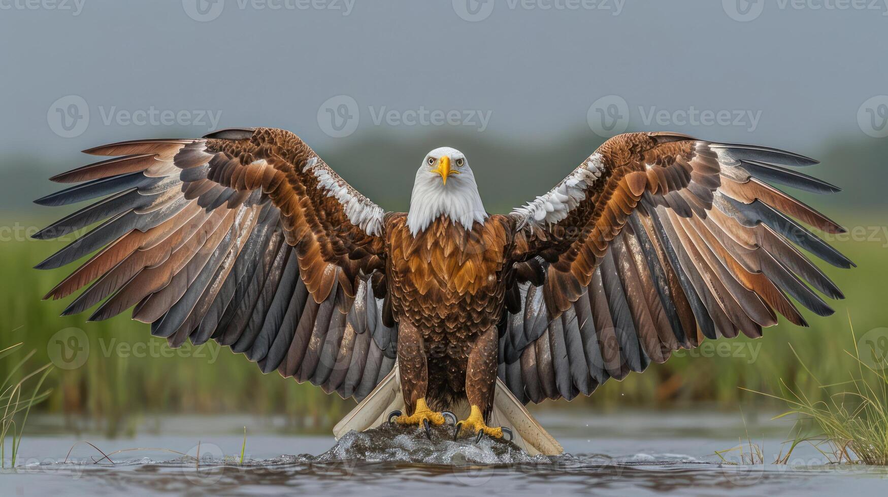 Majestic eagle spreading its wings over a serene wetland, showcasing its powerful presence and beauty photo
