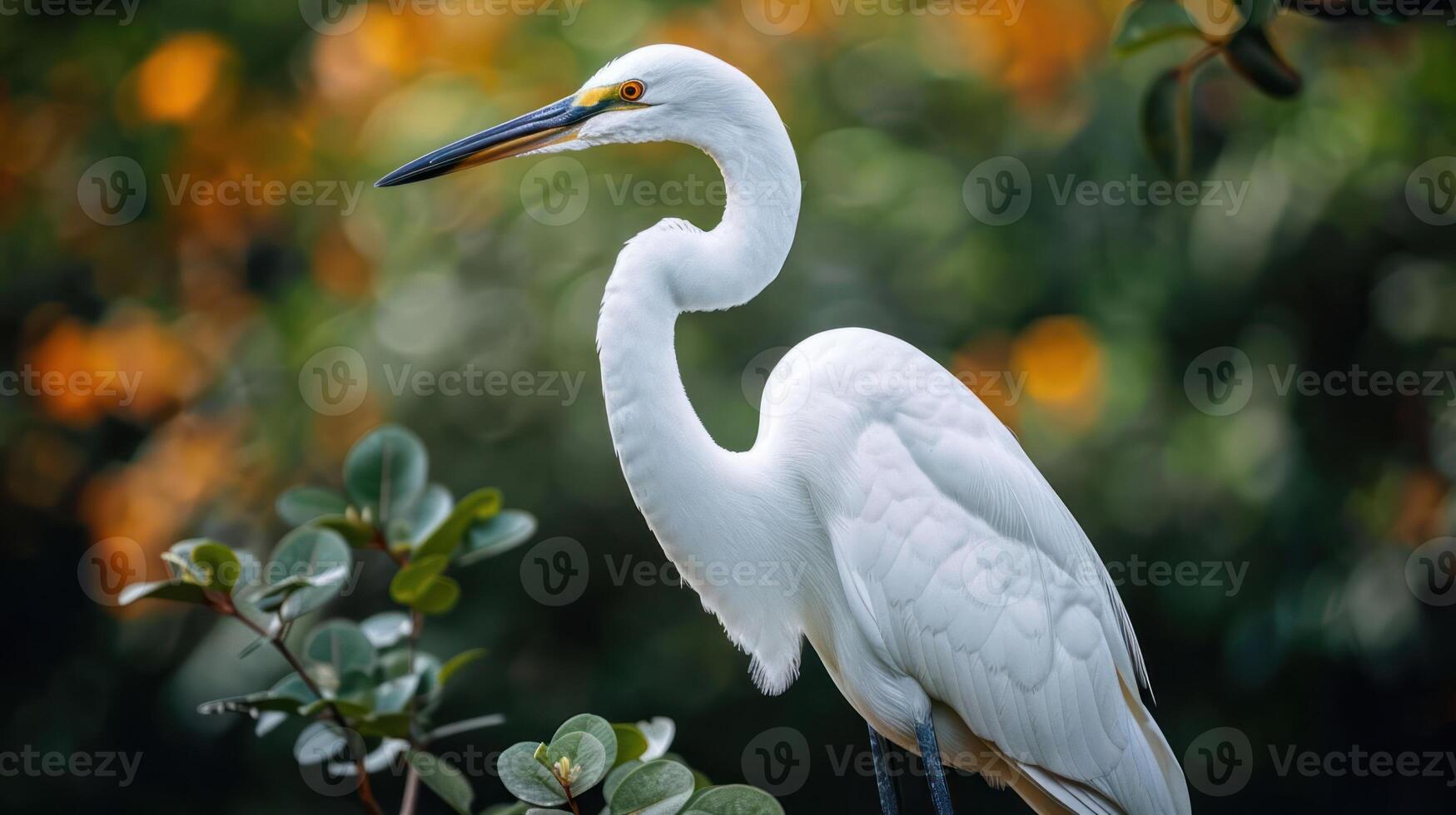 Elegant great egret perched amidst vibrant foliage, showcasing its graceful posture in nature photo