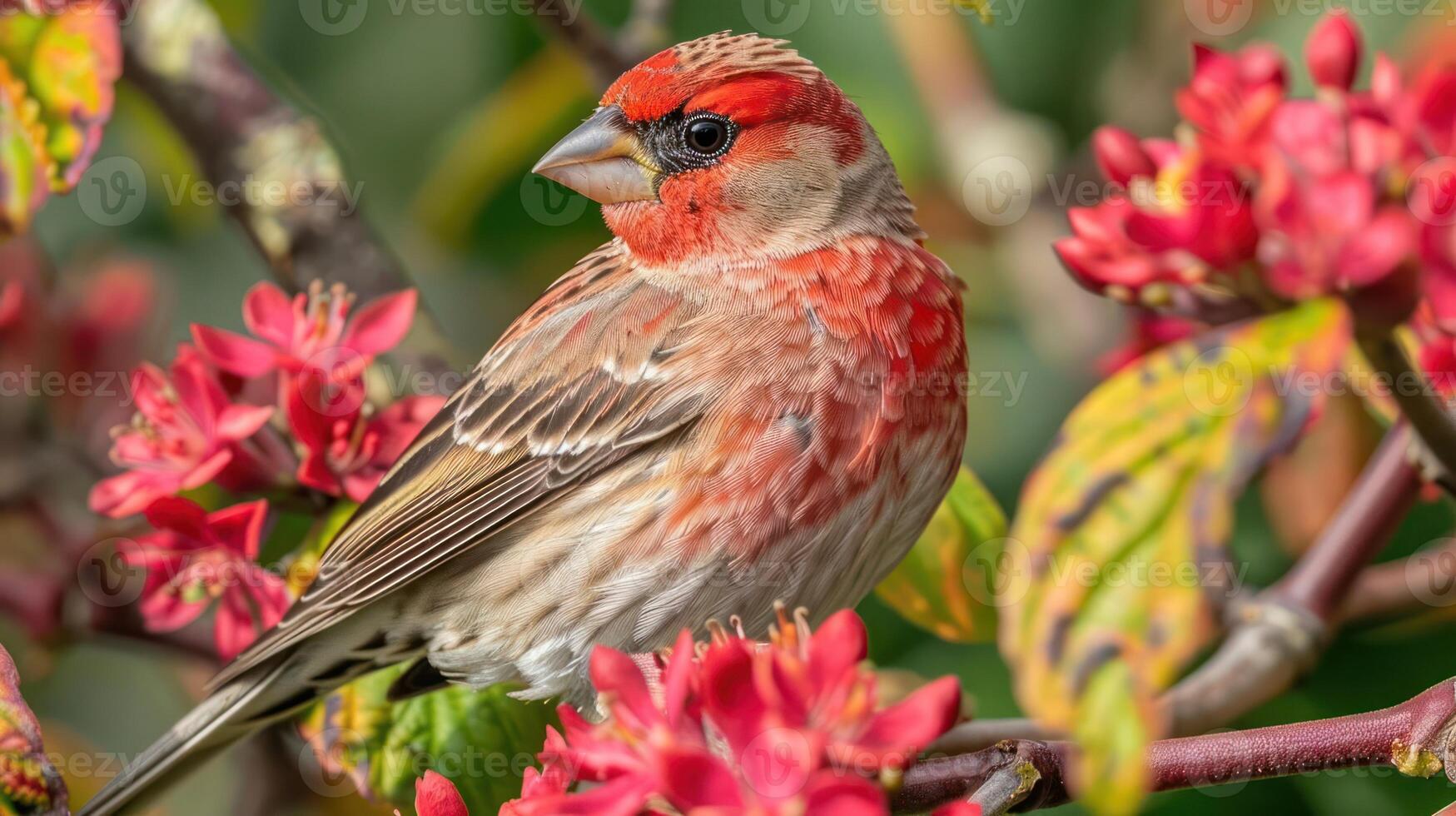 Vibrant red bird perched among colorful blooming flowers in a lush natural setting photo