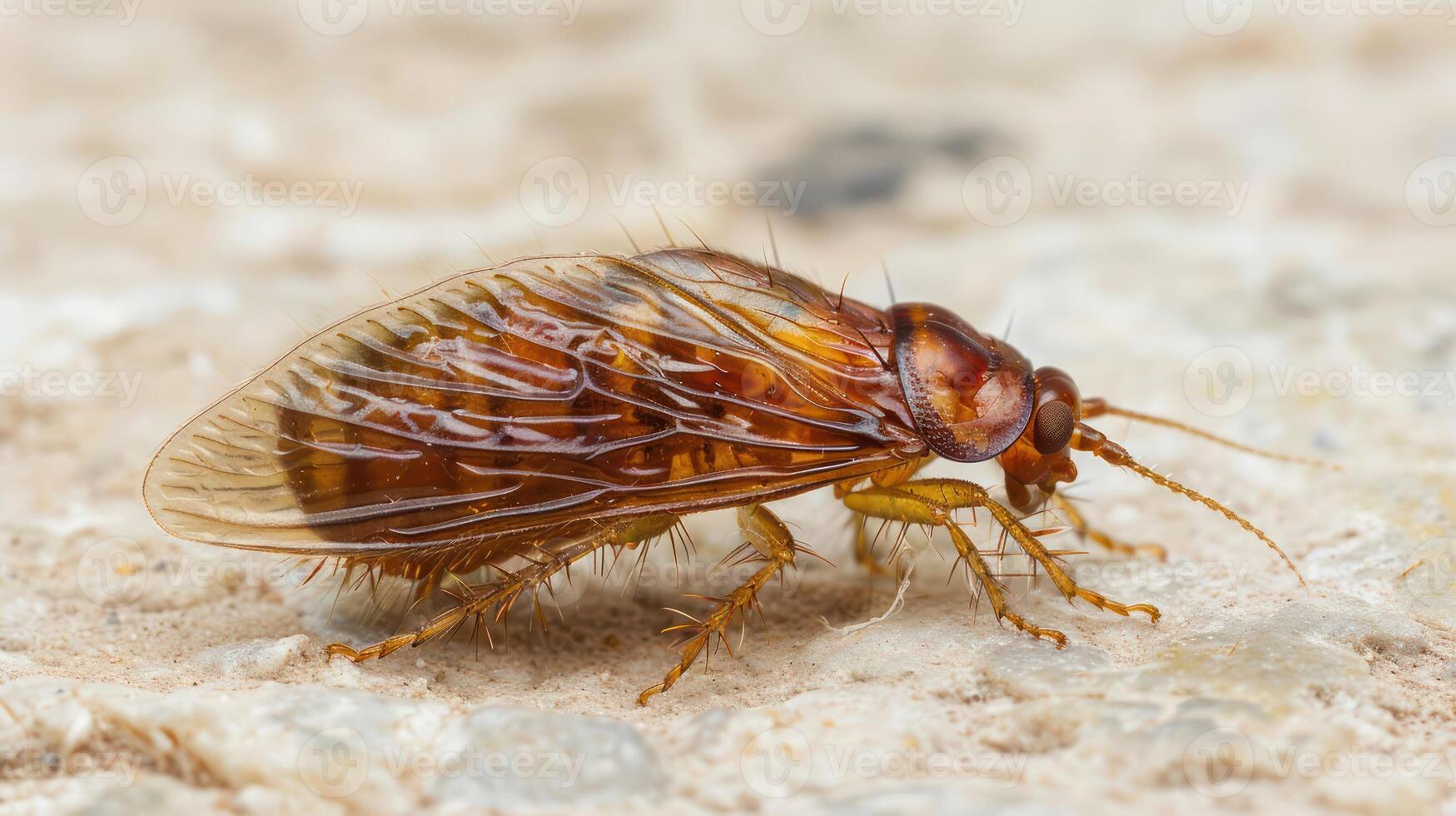 Close-up of a brown insect with transparent wings on a textured surface, highlighting natural details photo