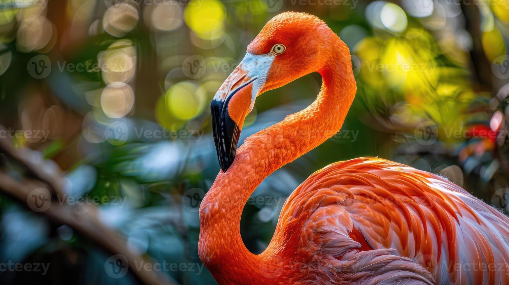 Vibrant flamingo posing gracefully amidst lush greenery in a tropical setting photo