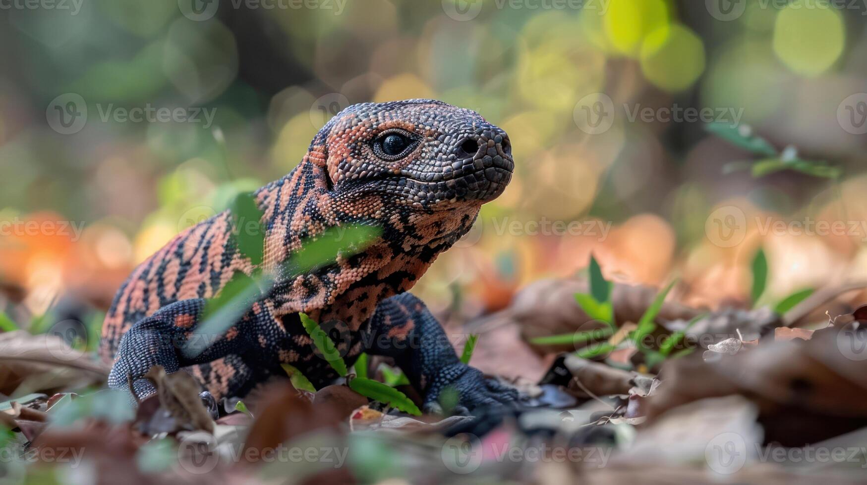 Close-up of a vibrant lizard exploring a lush forest floor with blurred foliage in the background photo