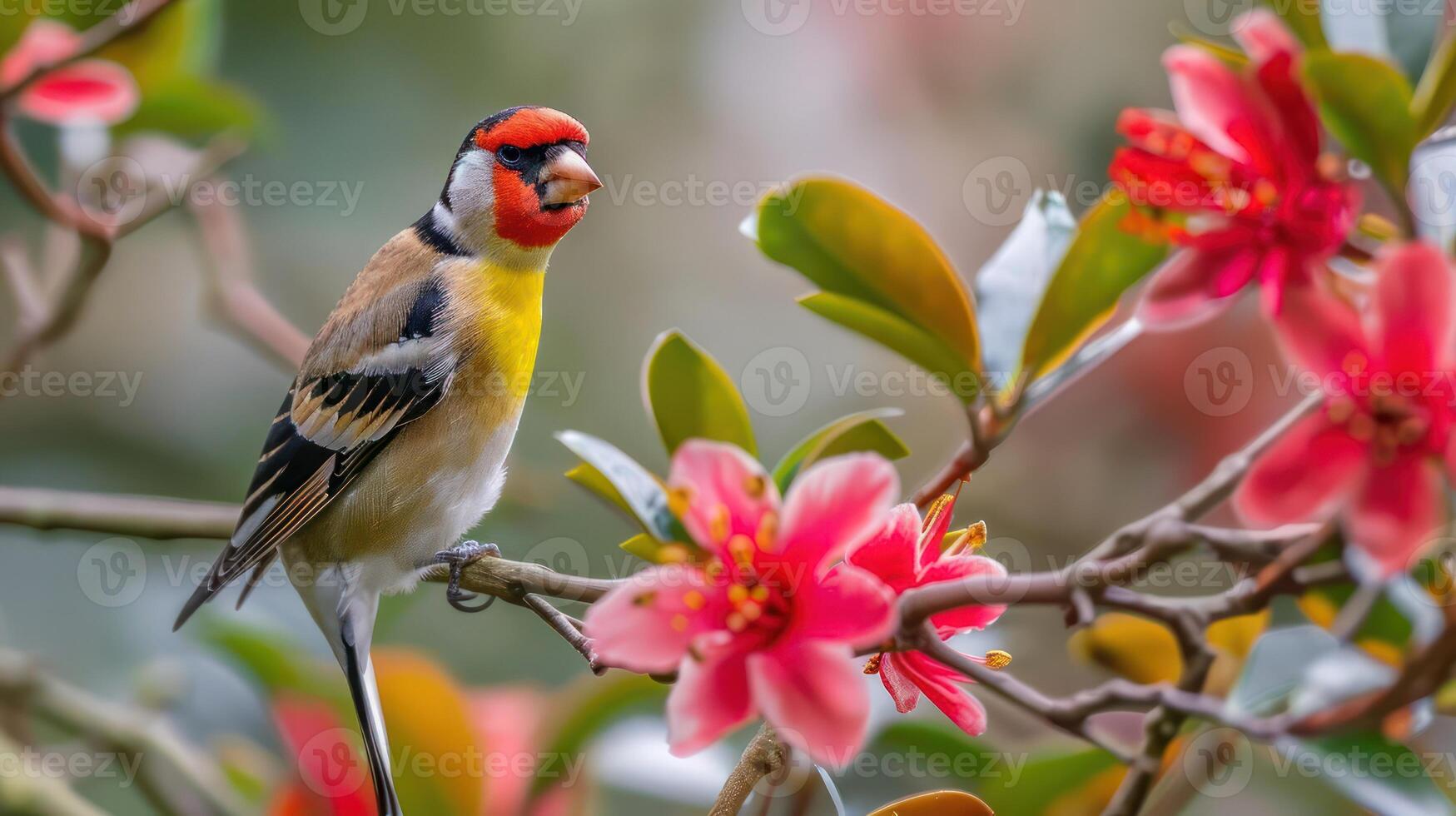 Colorful bird perched on a blooming branch, surrounded by vibrant flowers in a serene garden photo