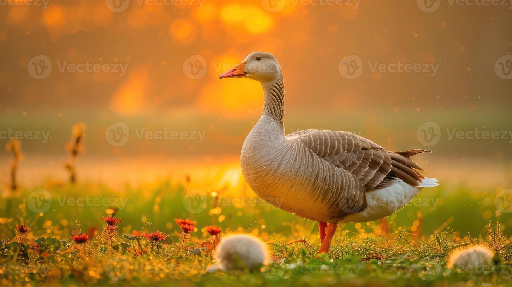 Serene goose standing gracefully in a vibrant sunset meadow with blooming flowers and soft light photo