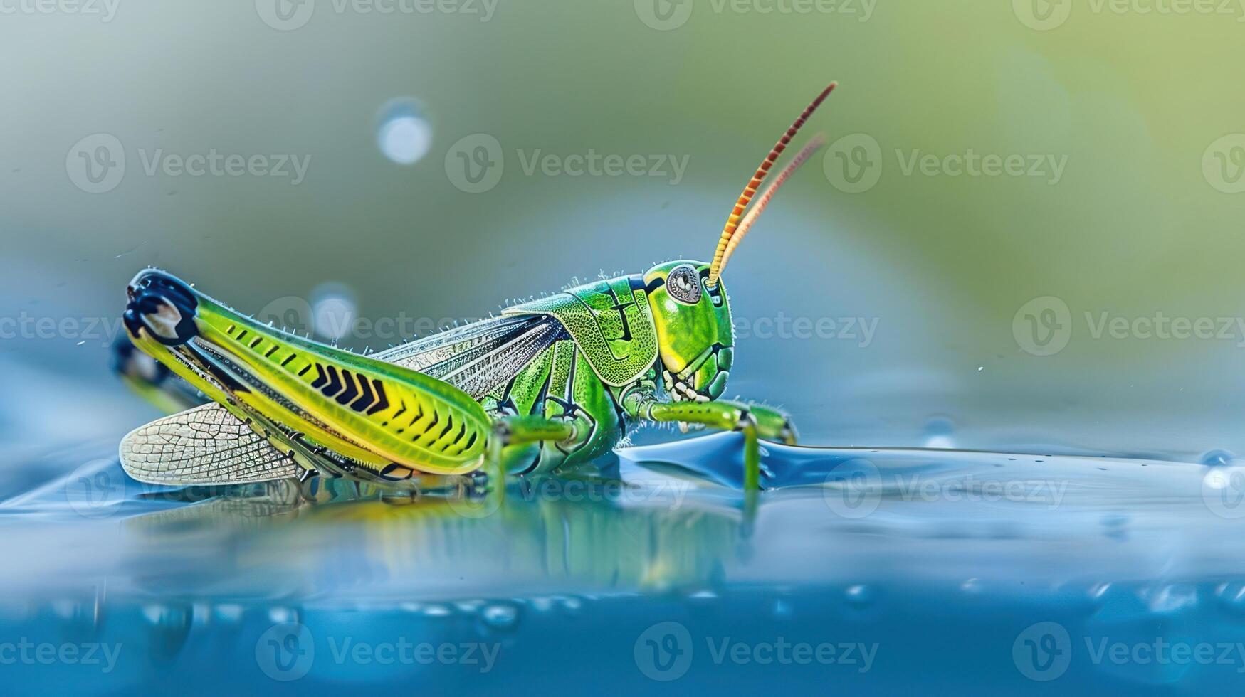 Close-up of a vibrant green grasshopper perched on water surface with droplets, showcasing nature's beauty photo