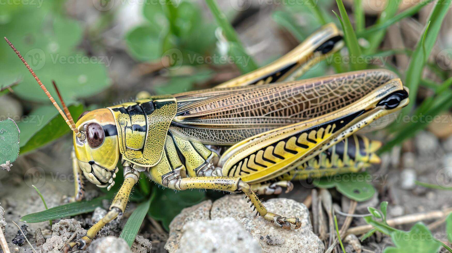 Close-up of a vibrant grasshopper resting on green grass with pebbles in the background photo