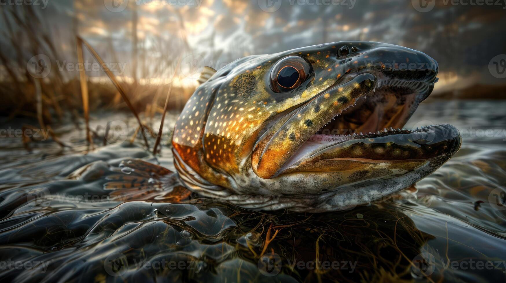 Close-up of a trout emerging from water surrounded by tall grass during a dramatic sunset photo