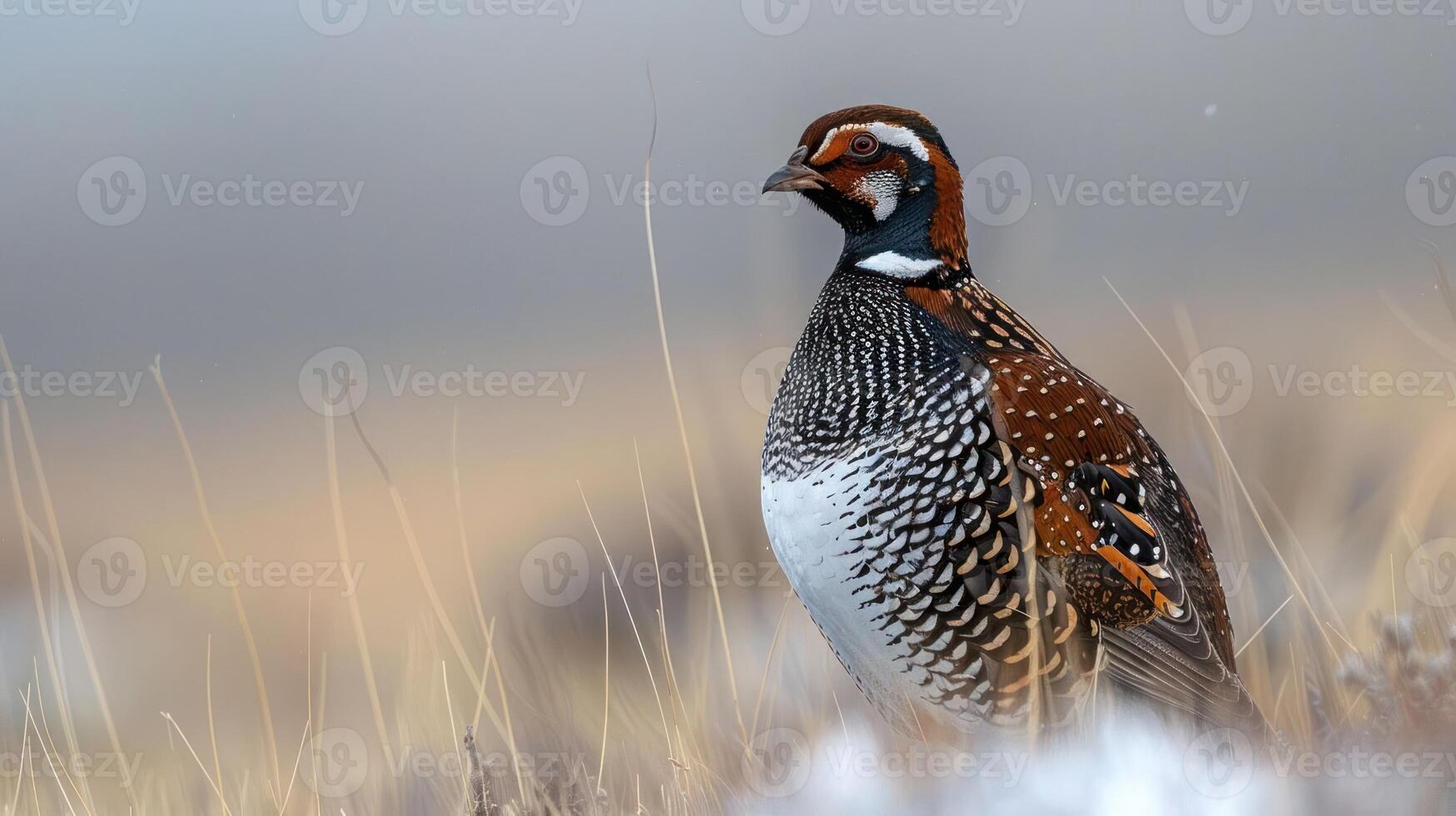 A beautifully detailed bird standing in a snowy landscape, showcasing its vibrant plumage against a soft background photo