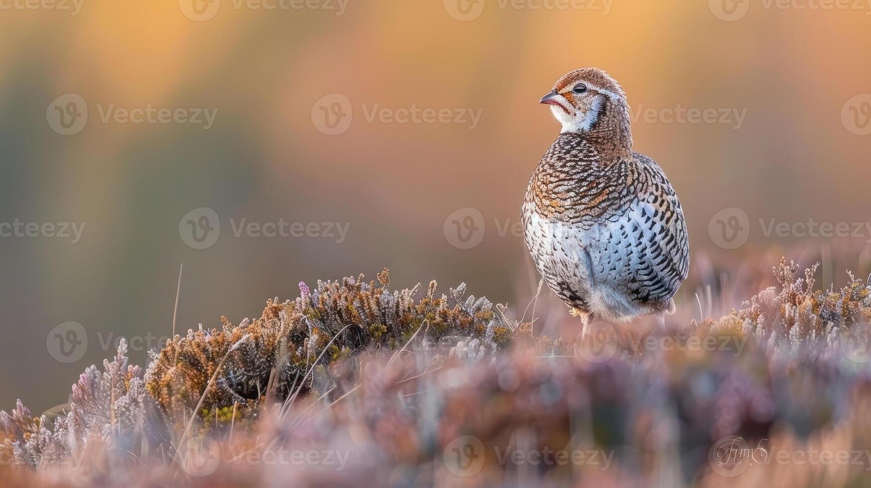 A solitary bird perched on a colorful heather landscape during sunset, showcasing nature's beauty photo