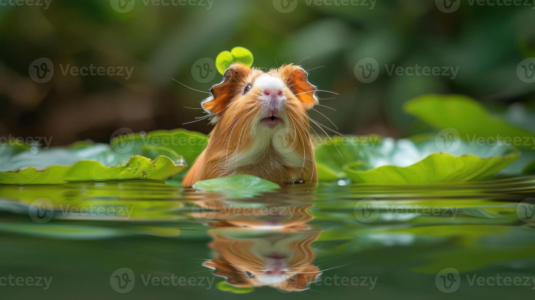 A guinea pig emerging from water amidst lush green leaves, showcasing a serene natural habitat photo