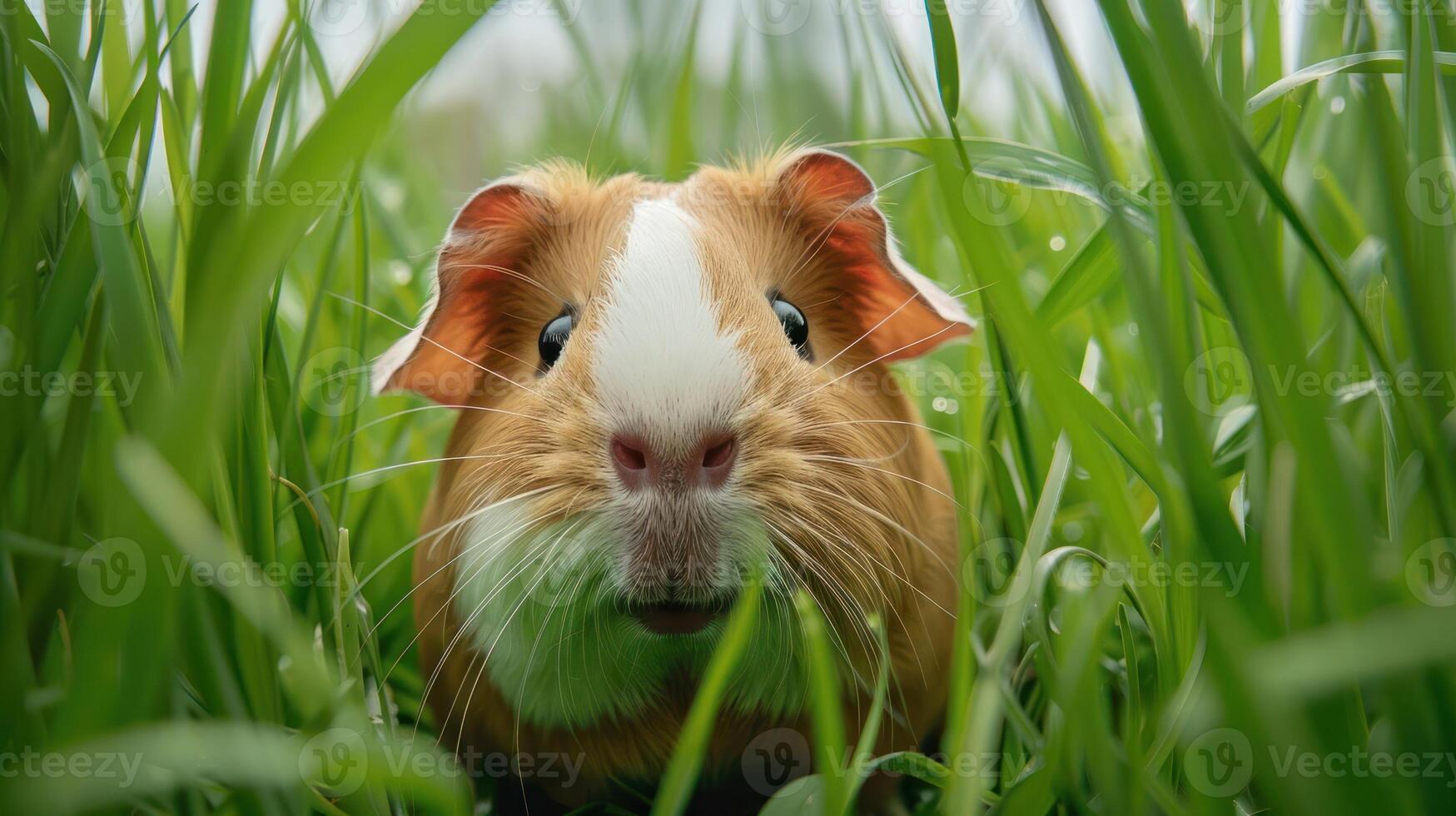 A close-up of a curious guinea pig peeking through lush green grass on a sunny day outdoors photo