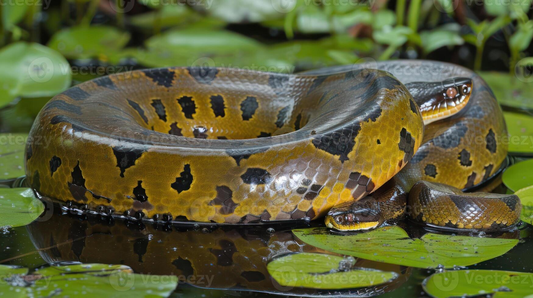 A large anaconda coiled on green lily pads in a serene water environment, reflecting nature's beauty photo