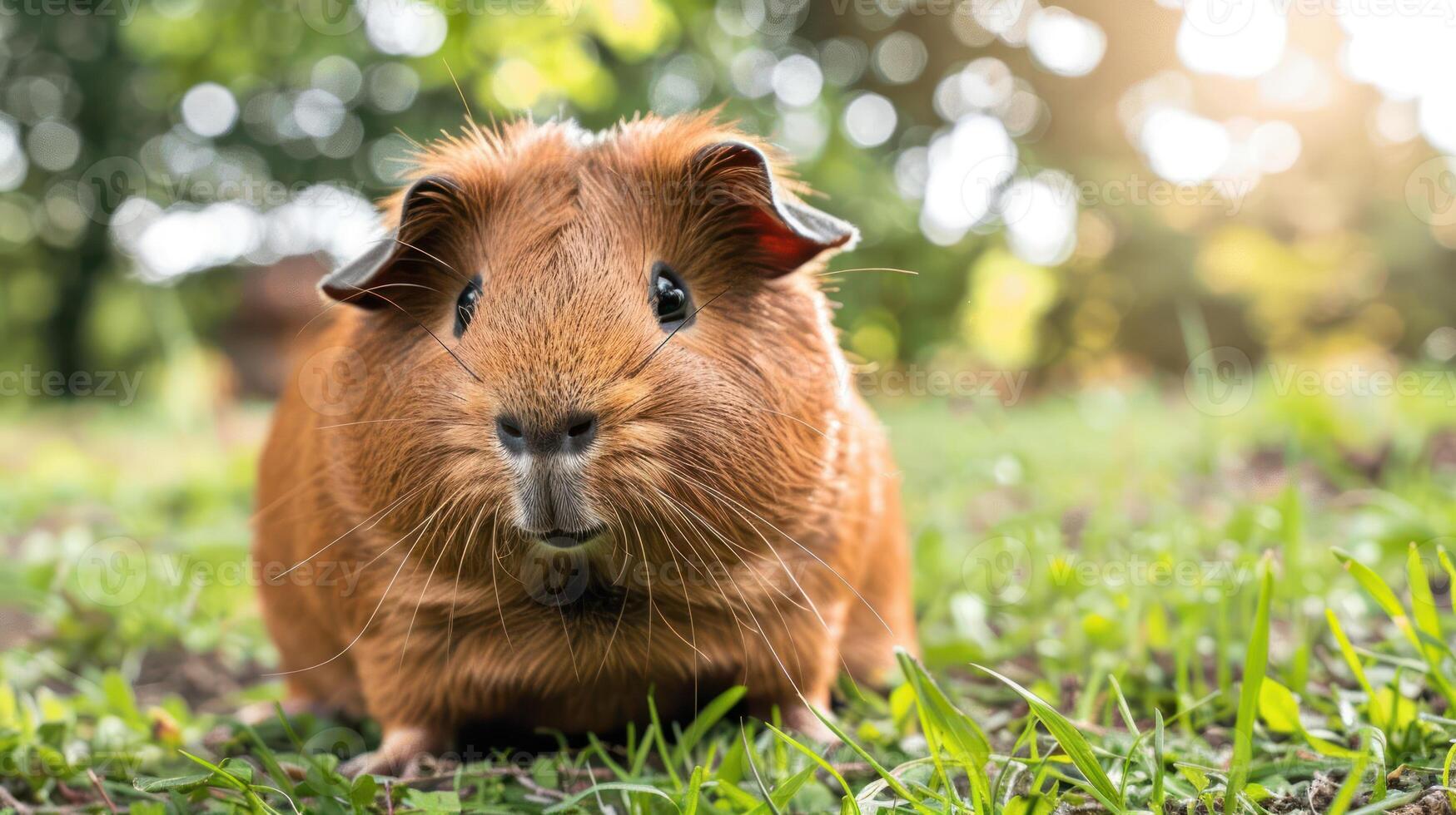A cute brown guinea pig sitting on green grass in a sunny park surrounded by trees photo