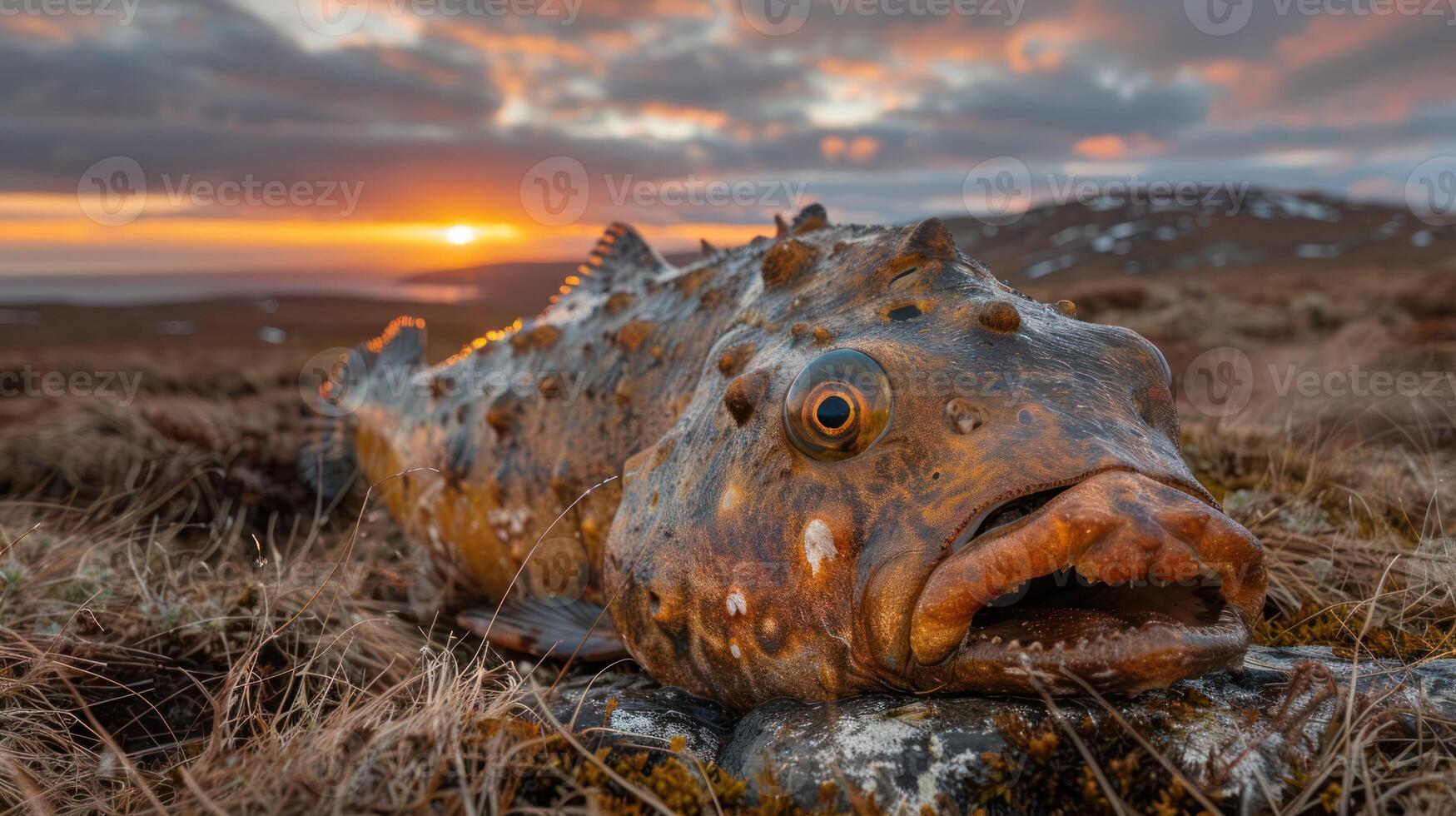 A close-up of a fish resting on the ground at sunset, with a scenic landscape in the background photo