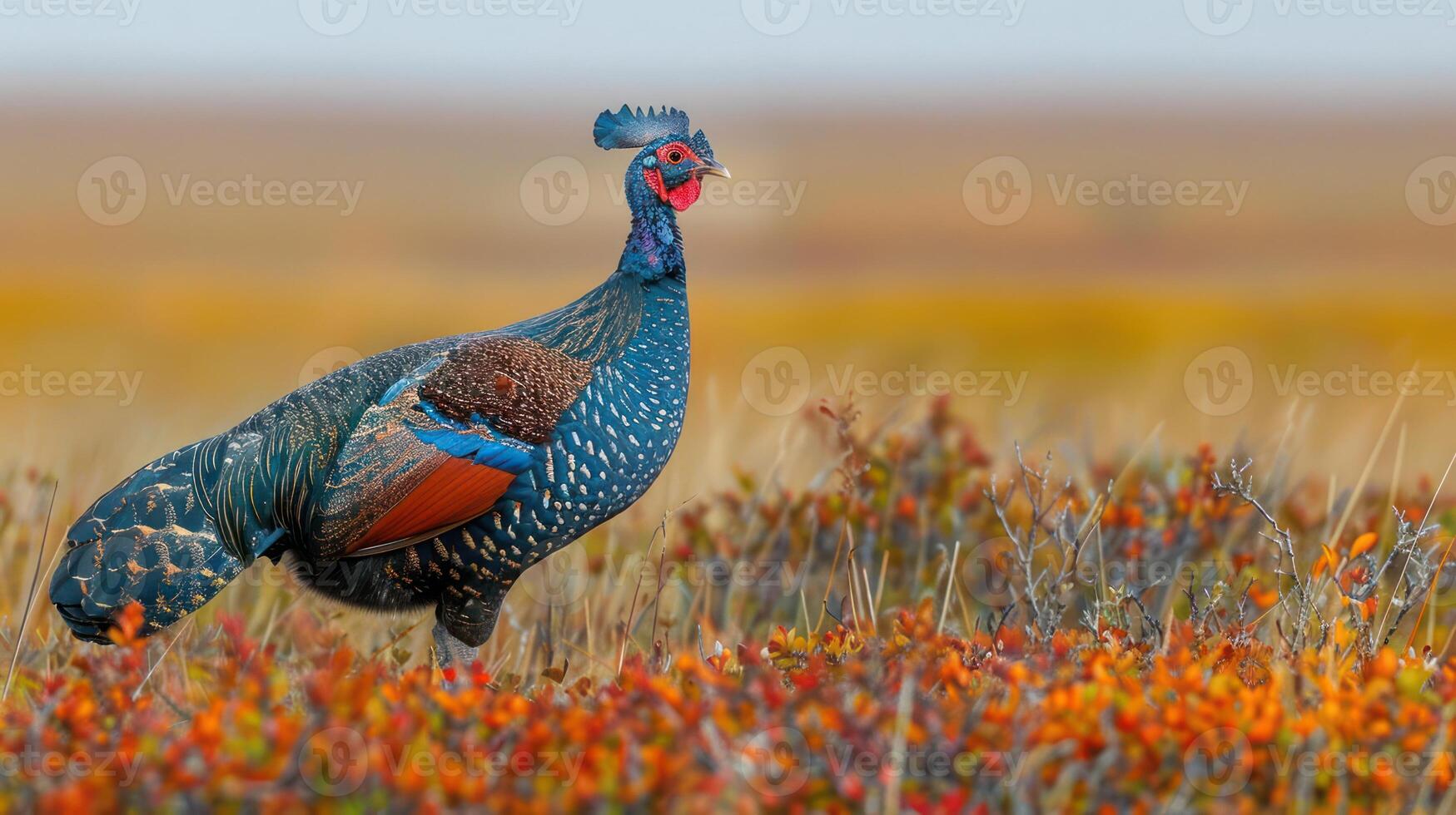 Vibrant bird standing amidst colorful foliage in a serene natural landscape at dusk photo