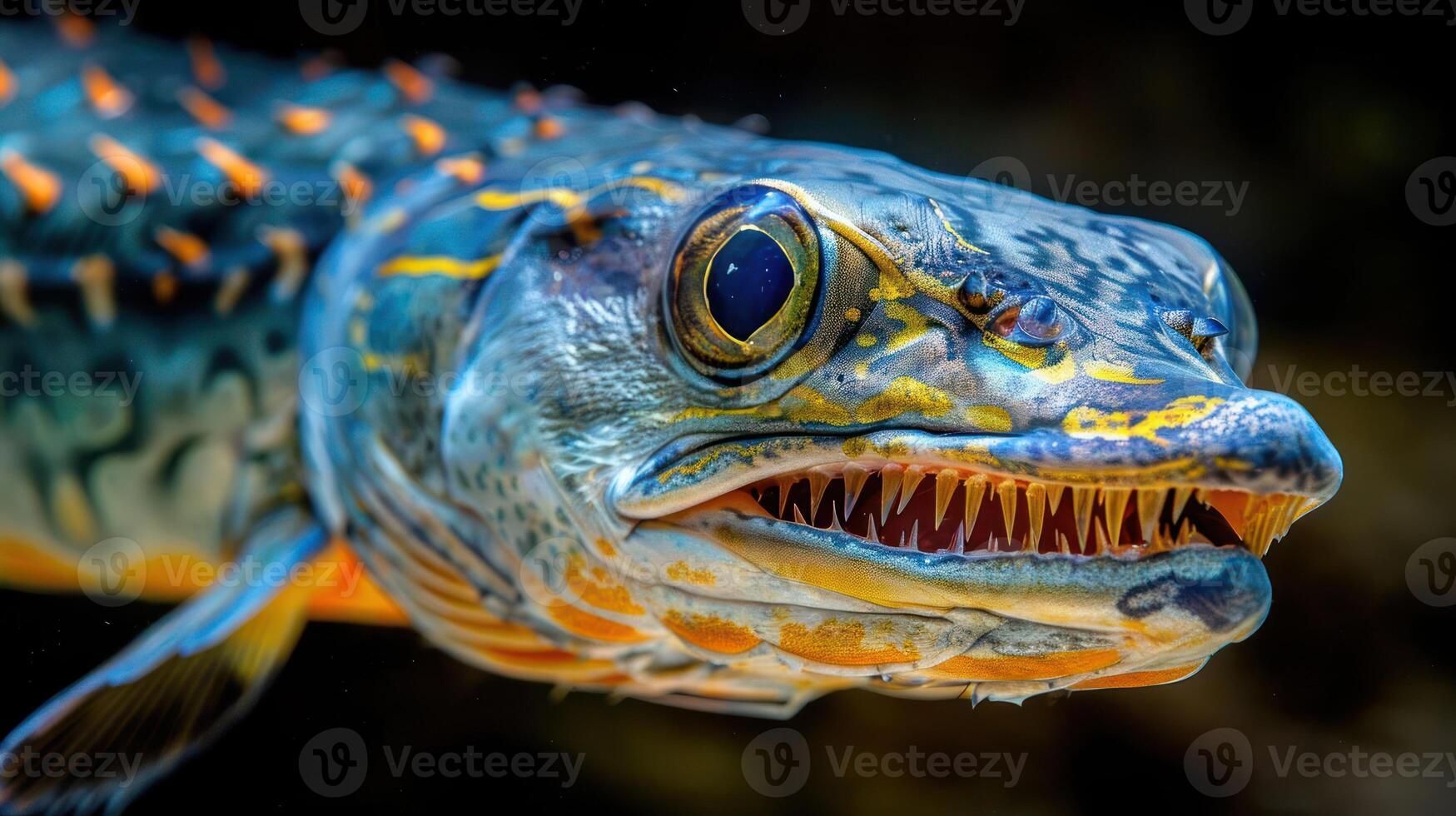 Close-up of a vividly colored fish with sharp teeth swimming in a vibrant underwater environment photo