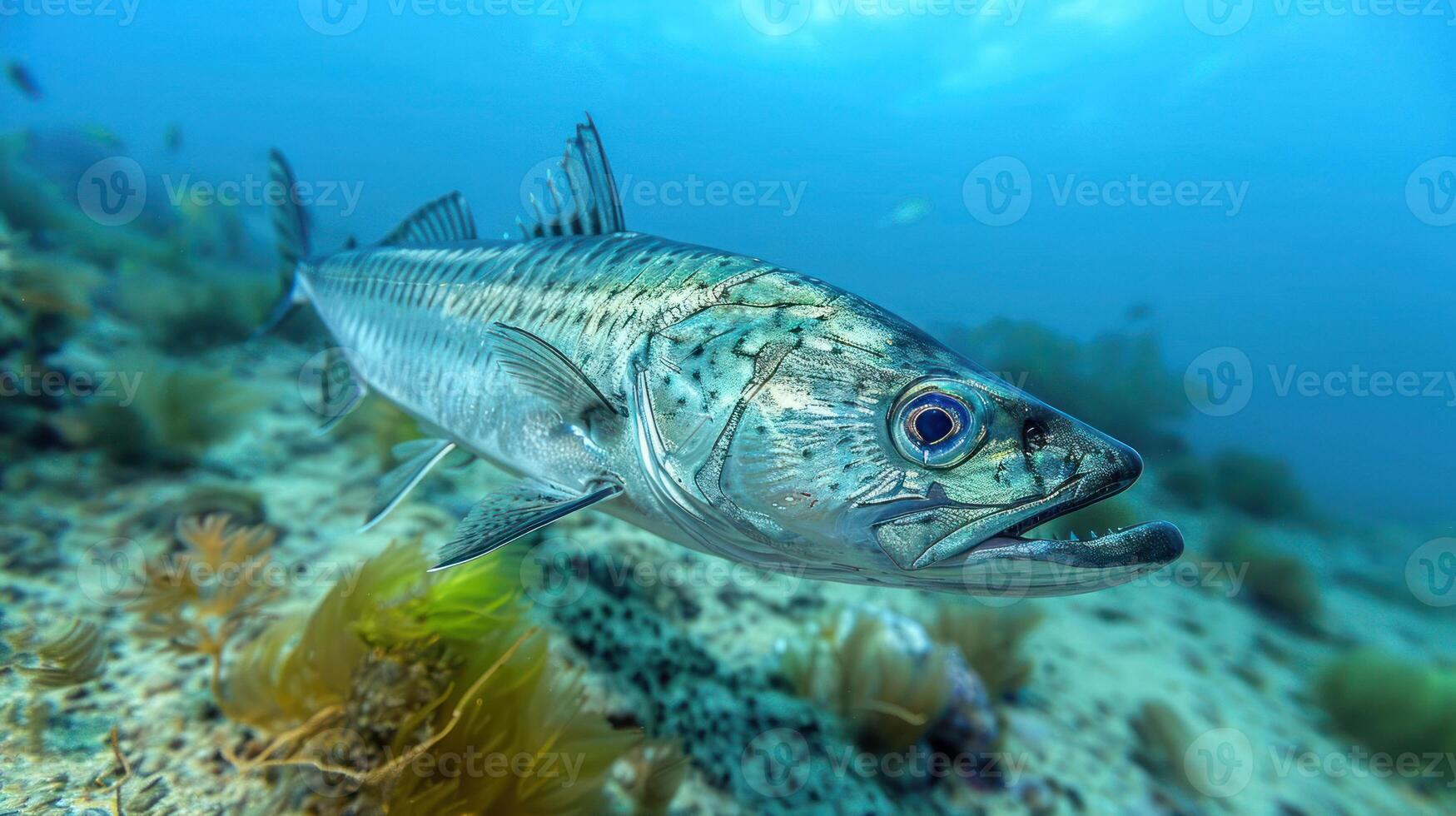 Vibrant underwater scene featuring a close-up of a fish swimming near coral reefs and marine life photo