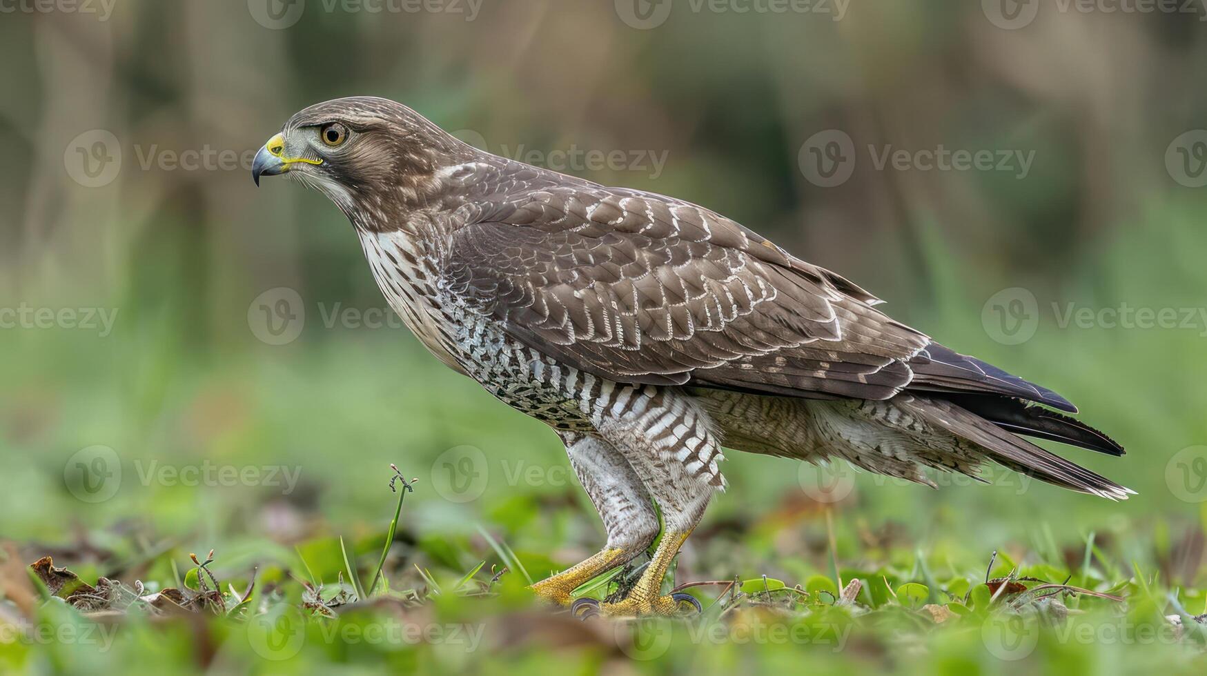 A close-up view of a hawk standing on green grass with a blurred natural background photo