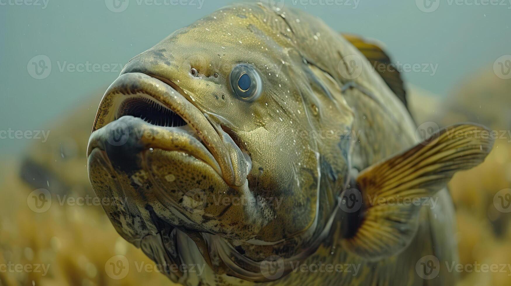 Close-up view of a fish swimming underwater among aquatic vegetation in a serene environment photo