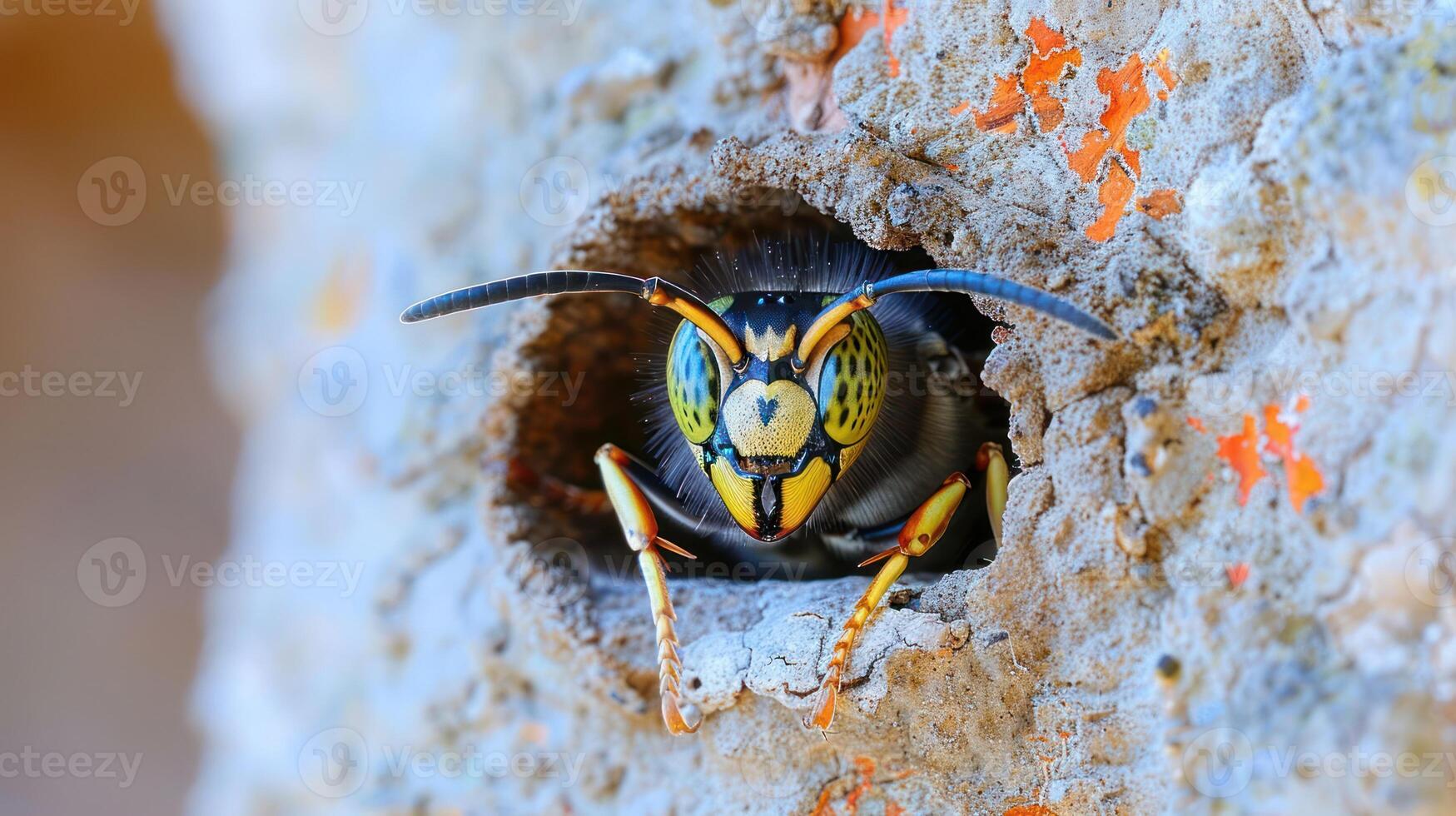 Close-up of a vibrant insect emerging from a textured rock crevice in a natural setting photo