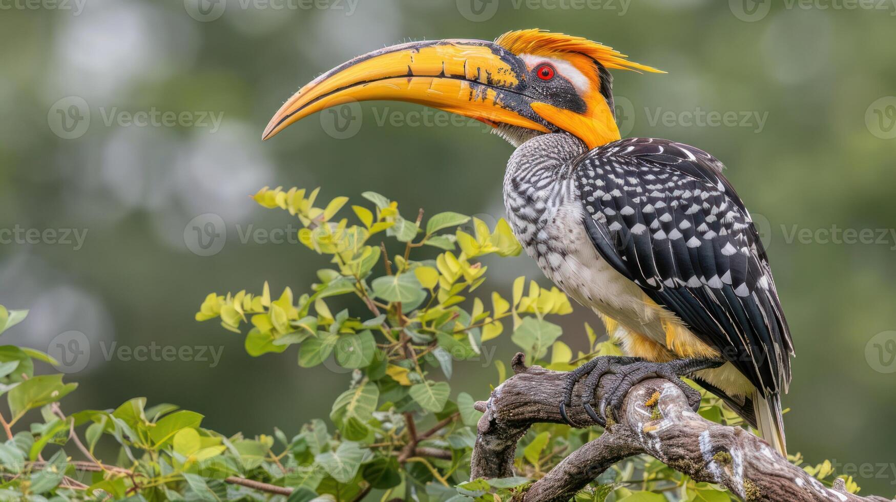 Colorful hornbill perched on a branch amidst lush greenery, showcasing vibrant plumage and habitat photo