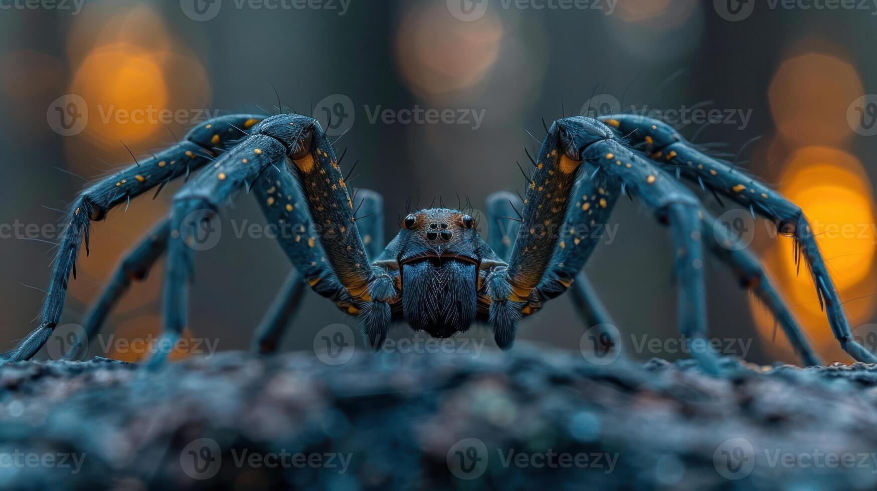 Close-up of a vibrant spider with intricate details set against a blurred forest background photo