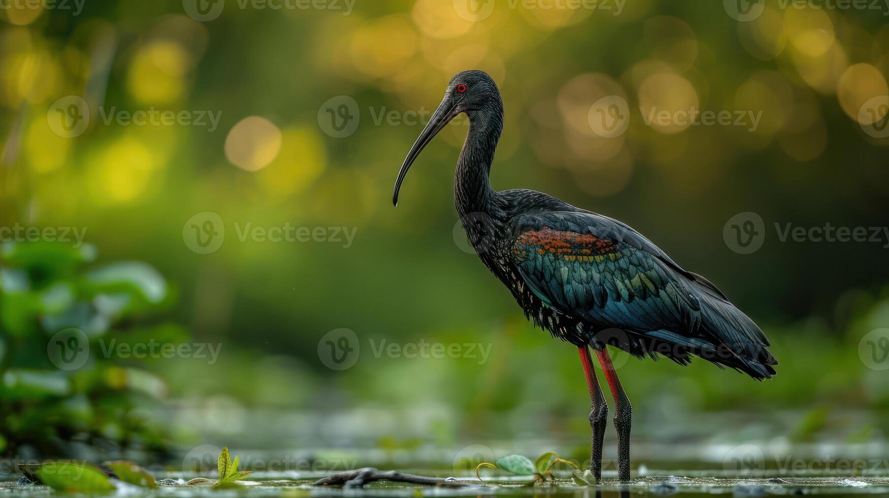 A striking black ibis stands gracefully in a serene wetland, surrounded by lush greenery and soft bokeh photo