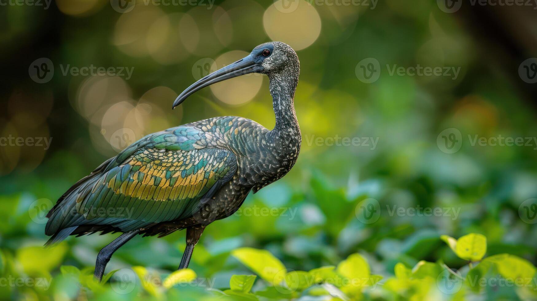 A vibrant bird with iridescent feathers stands amidst lush green foliage in a serene natural setting photo