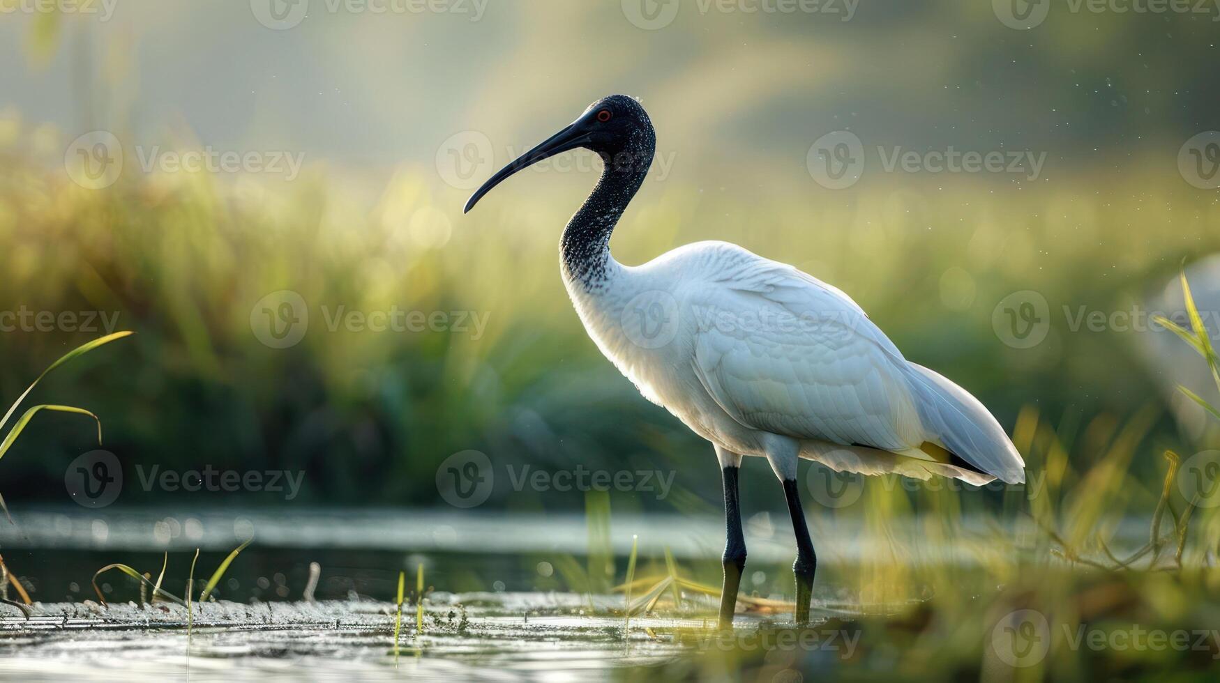 Elegant white ibis standing gracefully in serene wetland with lush greenery in the background photo