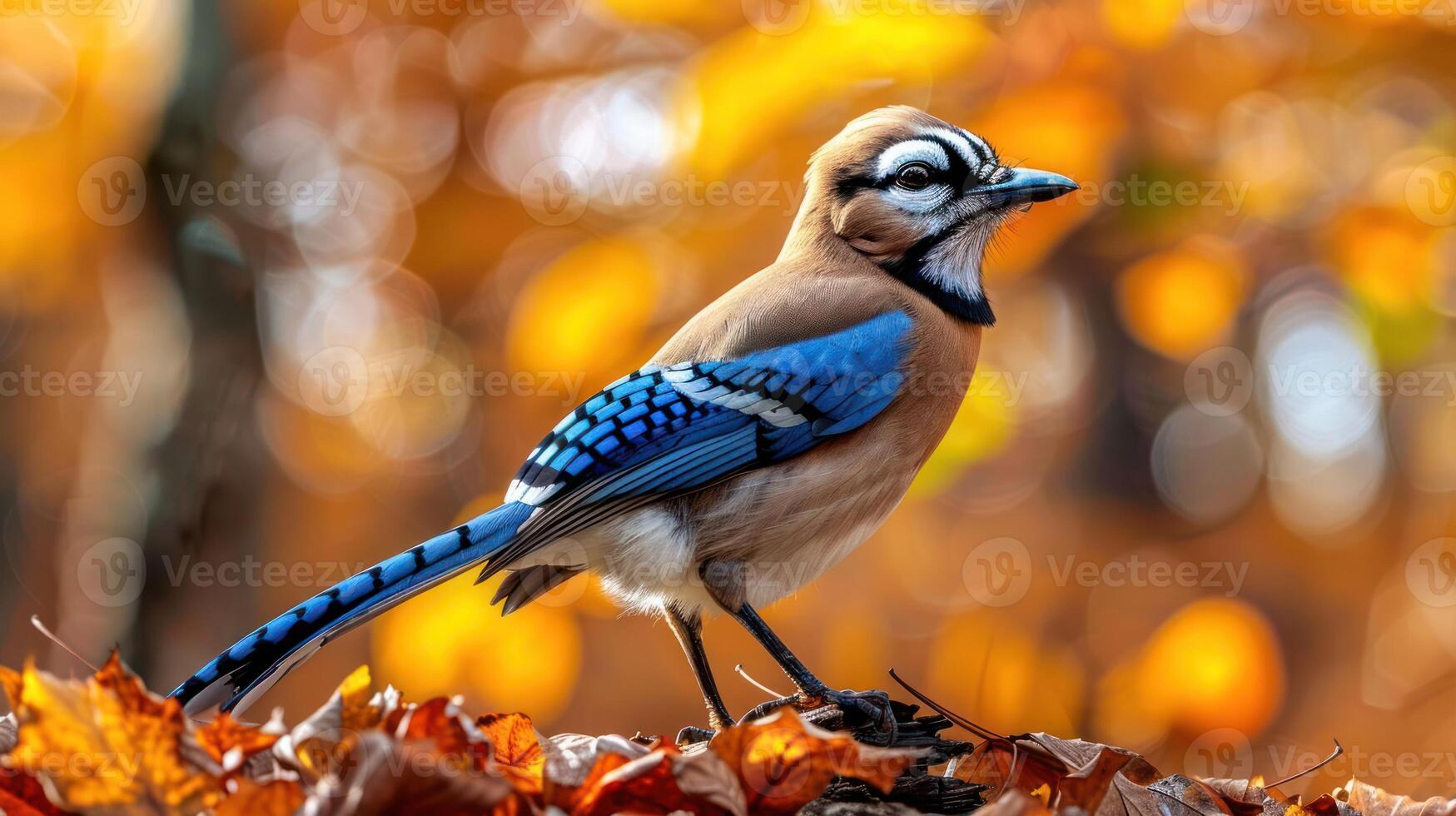 Vibrant blue jay perched on autumn leaves, surrounded by colorful foliage in a serene forest photo