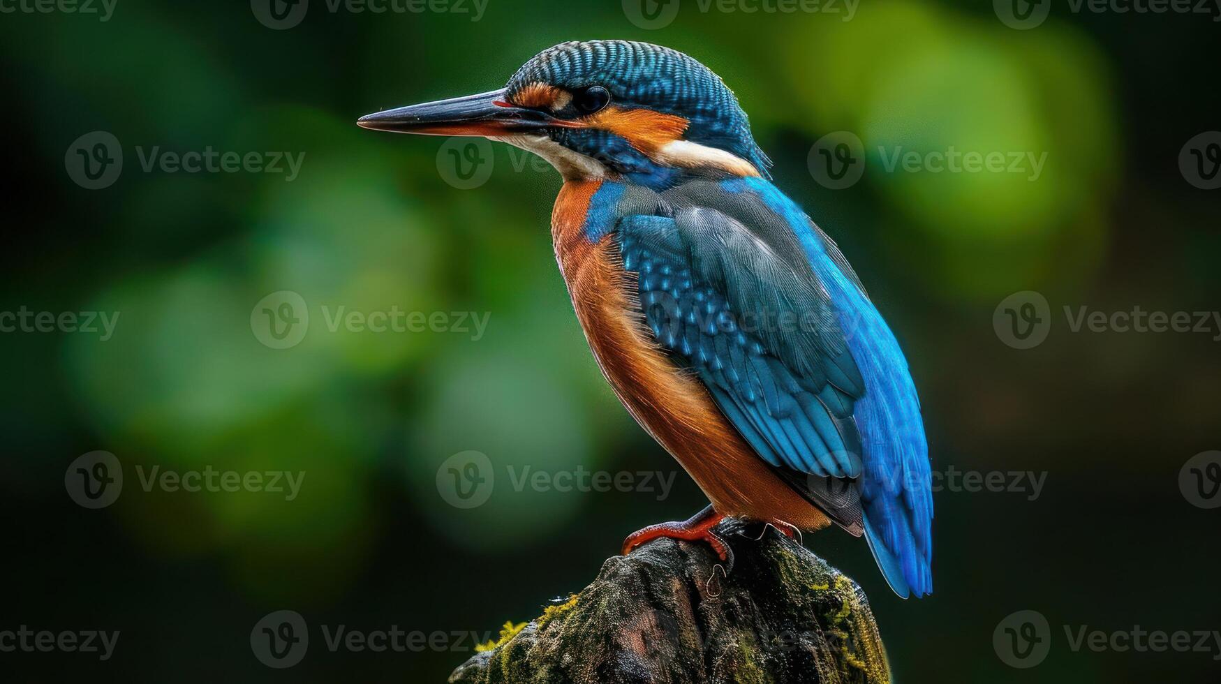 Vibrant kingfisher perched on a mossy log amidst a blurred green background in nature photo