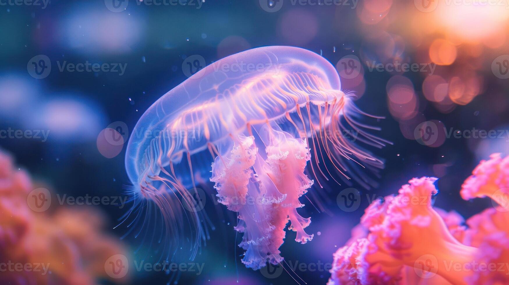Ethereal jellyfish gracefully floating among vibrant coral in a serene underwater scene photo