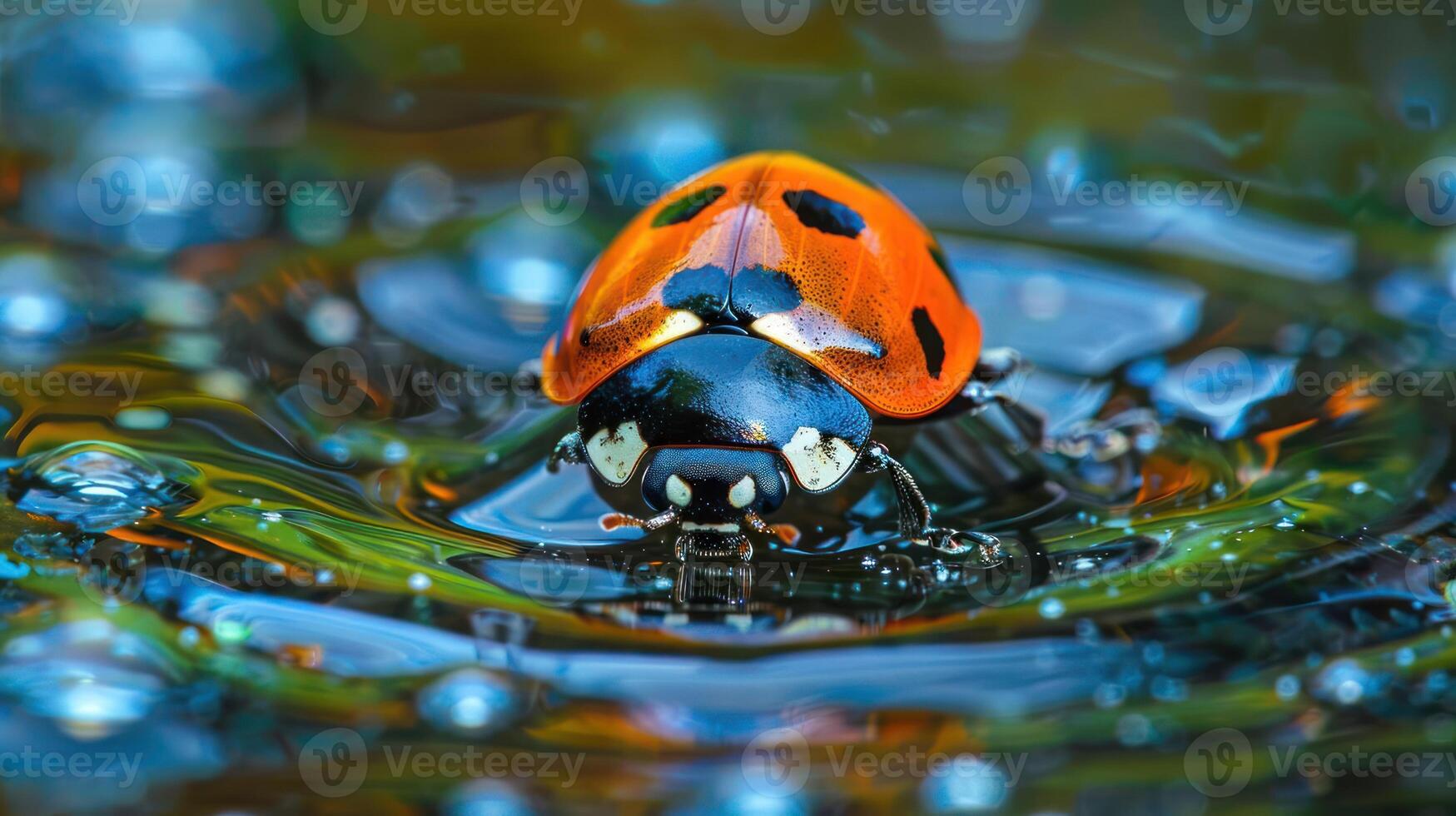Close-up of a ladybug on water surface with colorful reflections and bubbles in the background photo