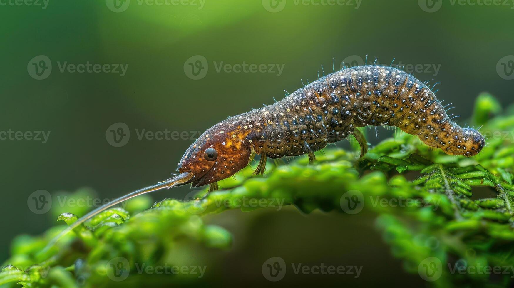 Close-up of a unique insect crawling on vibrant green foliage in a lush forest setting photo