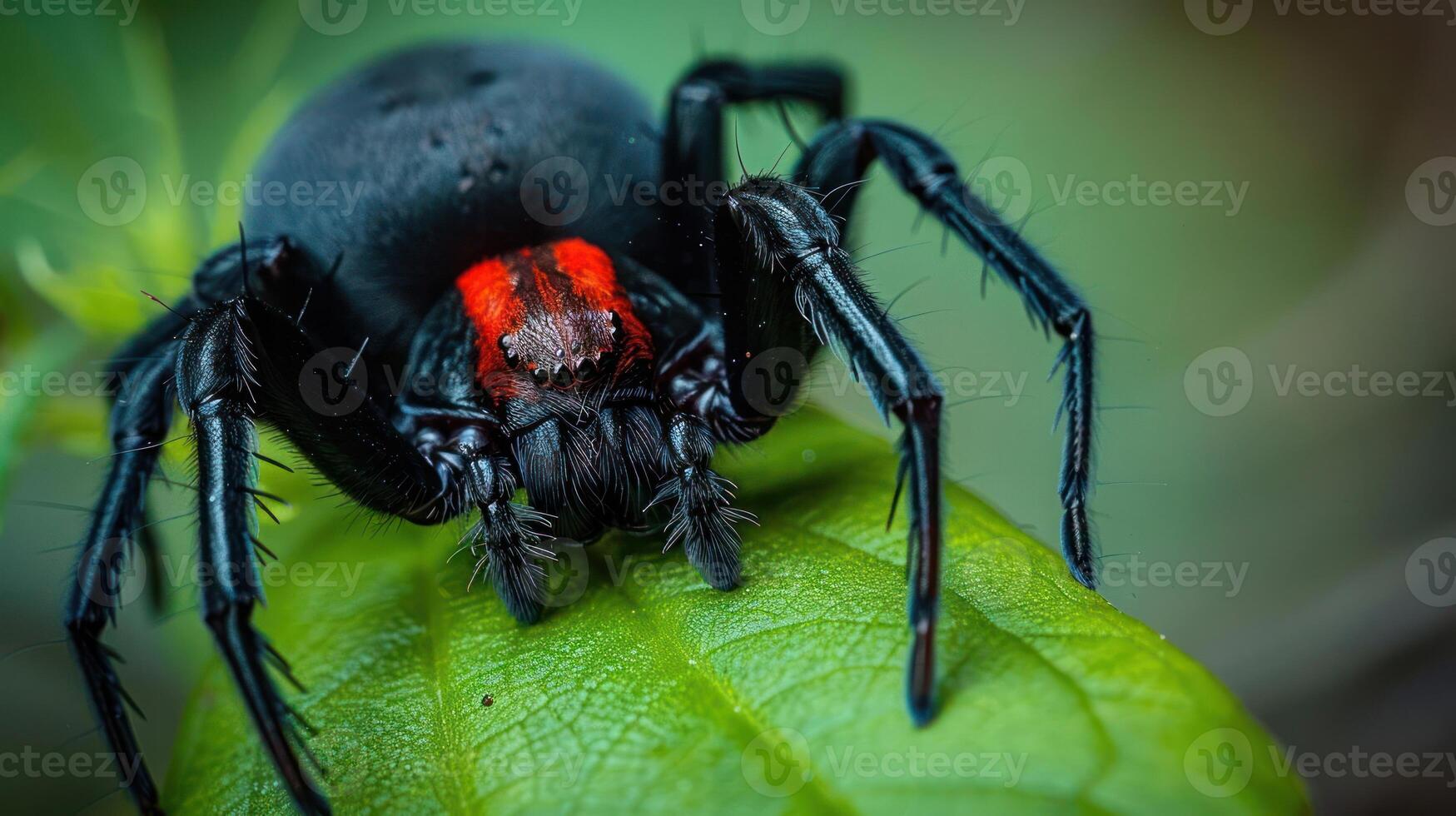 Close-up of a black spider with a red marking resting on a green leaf in a natural setting photo