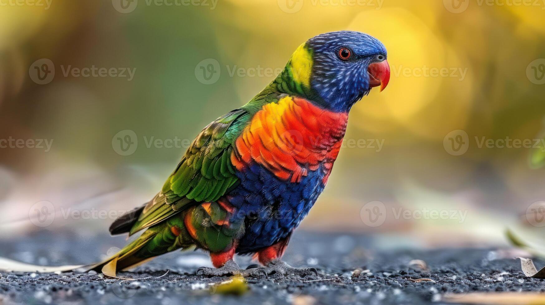 Vibrant Rainbow Lorikeet Perched on Ground Amidst Blurred Natural Background photo