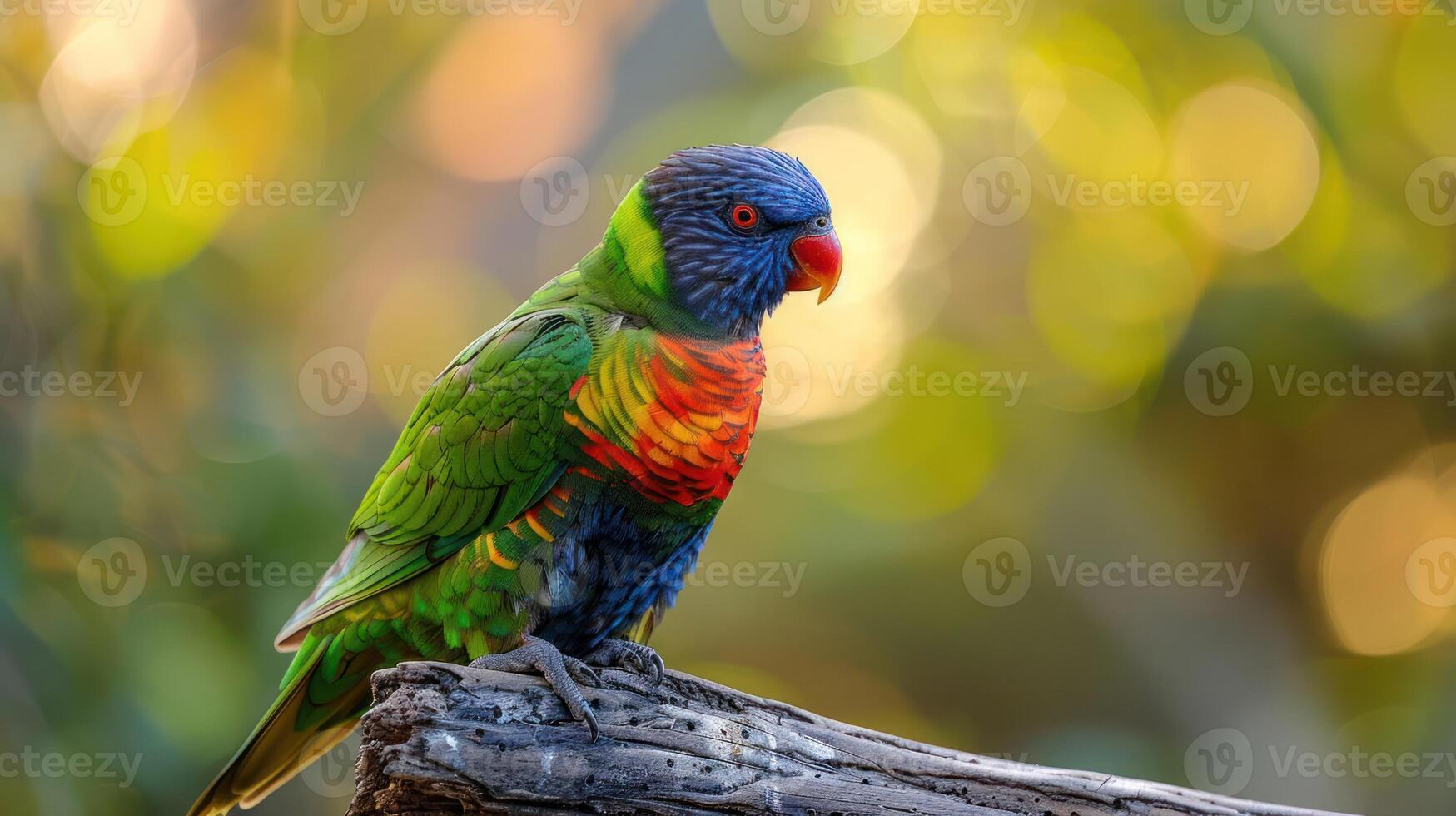 Vibrant rainbow lorikeet perched on a branch, surrounded by soft, blurred foliage in the background photo