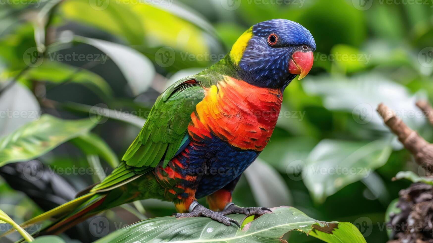 Vibrant Rainbow Lorikeet Perched on Lush Green Leaves in a Tropical Garden Setting photo