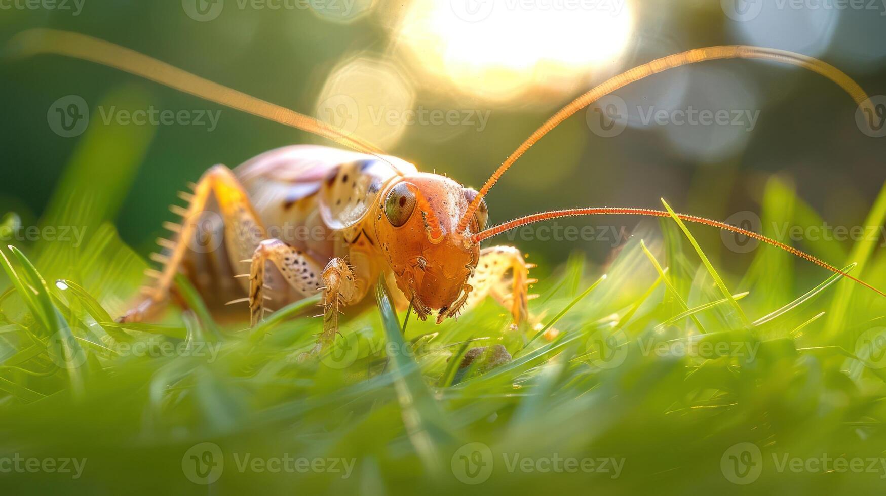 Close-up of a vibrant cricket on lush green grass with a soft bokeh background at sunset photo